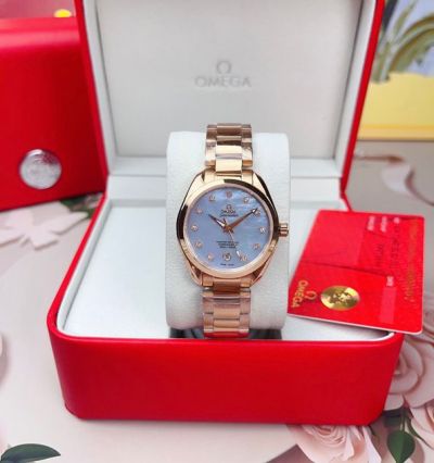 Omega Seamaster Aqua Terra 34mm Quartz Movement Rose Gold Strap Blue Dial Women Replica Watch